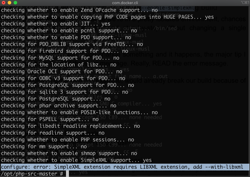 Running “configure” with “--enable-simplexml” option errors saying that LIBXML extension isn’t available.
