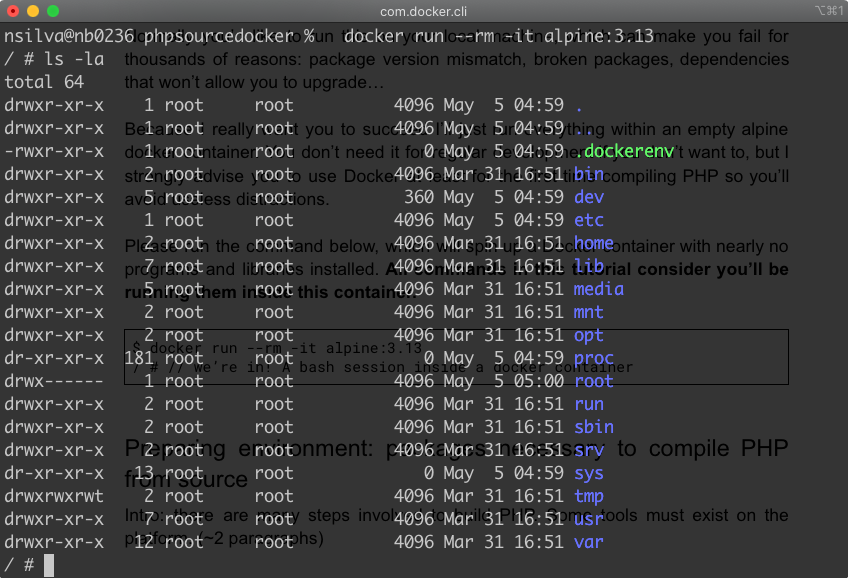 A screenshot showing a new bash session using the command “docker run --rm -it alpine:3.13”