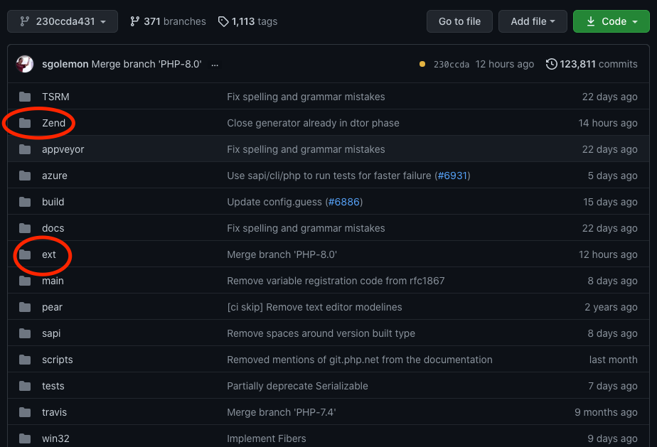 A screenshot showing PHP’s repository, highlighting the Zend and ext folders in it.